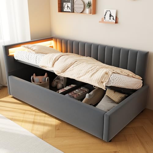 Huayz Polsterbett Schlafsofa 90x200, mit LED-Beleuchtung und hydraulischem Stauraum, klassisches vertikales Streifendesign, seitliche Kopfteile mit austauschbaren Positionen, Lattenrost, Samtstoff von Huayz