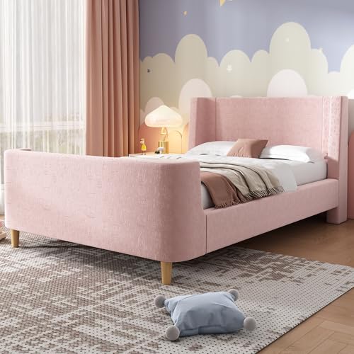Polsterbett Kinderbett Einzelbett 90x200 cm, Schlittenbett Jugendbett mit kosmischem Muster-Kopfteil und Fußteil, Bettgestell mit Holz Lattenrost, Bett für Jungen&Mädchen, Samt, Ohne Matratze (Rosa) Polsterbett Kinderbett Einzelbett 90x200 cm, Schlittenbett Jugendbett mit kosmischem Muster-Kopfteil und Fußteil, Bettgestell mit Holz Lattenrost, Bett für Jungen&Mädchen, Samt, Ohne Matratze (Rosa) von Huayz