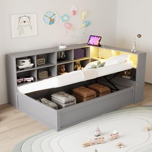 Schlafsofa 90x200,Mit hydraulischem Stauraum,und mehreren Staufächern,Mit LED-Licht und USB Ladeanschluss, Steckdose,Hydraulisches Bett,Einzelbett,Multifunktionales Holzbett,ohne Matratze (Grau) von Huayz