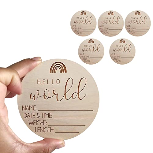 10,2 cm Hello World Geburtsankündigungsschild Neugeborenen-Ankündigungsschild aus Holz Baby-Ankunftsschild Regenbogen-Baby-Namensschilder Plakette aus Holz Neugeborenen-Namens-Pinnwand Foto-Stütze von Hudhowks