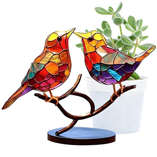 Buntglasvögel fensterdeko hängend Glas deko Zweig Vögel Ornamente aus Buntglas, Kleine langlebige Acryl Wohndekoration mit Holzsockel für Schreibtisch, Wohnzimmer, Esszimmer von Hudhowks