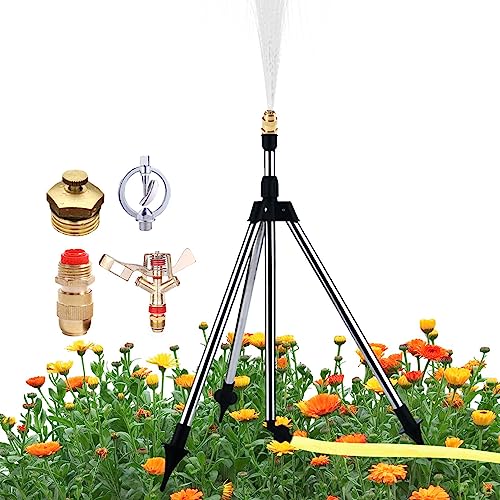 Garten Stativsprinkler,Rotating Tripod Sprinkler,Rasensprenger, Sprinkler mit 360-Grad-Drehung,Teleskop Wassersprinkler, Landwirtschaftliches Sprinklersystem Set für großflächige Obstgärten von Hudhowks