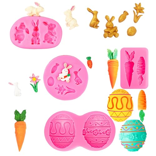 4 Stück Ostern Hase Silikonformen Gießformen, 3D Kaninchen Gießform Ostern, Silikonformen Hase Karotte Ostern, Kaninchen Rettich Ei und Blume Form, für Machen Schokolade, Kekse, Handgefertigte Seife von Hudiepan