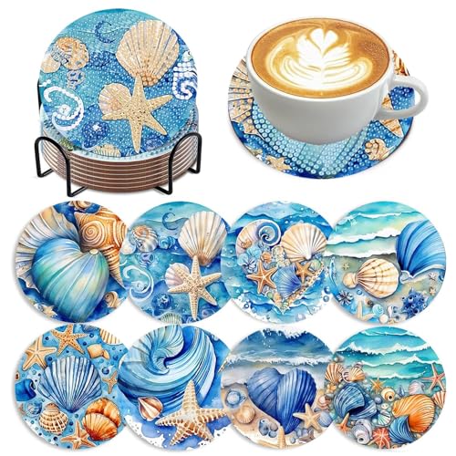 8 Stück Diamond Painting Untersetzer, DIY Diamant Ozean Malerei Glasuntersetzer mit Halter, Blaues Ozean, Meeresleben, Glas Untersetzer für Wohnkultur, Bars, Party, Einweihungsgeschenke (Blau) von Hudiepan