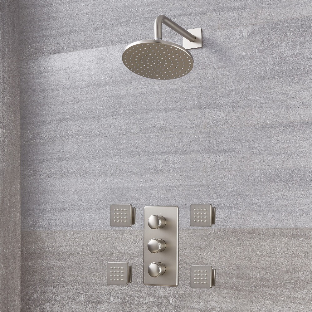 Unterputz-Duschsystem mit Thermostat – mit rundem 188mm Wand-Duschkopf und Körperdüsen - gebürstetes Nickel - Aldwick von HudsonReed