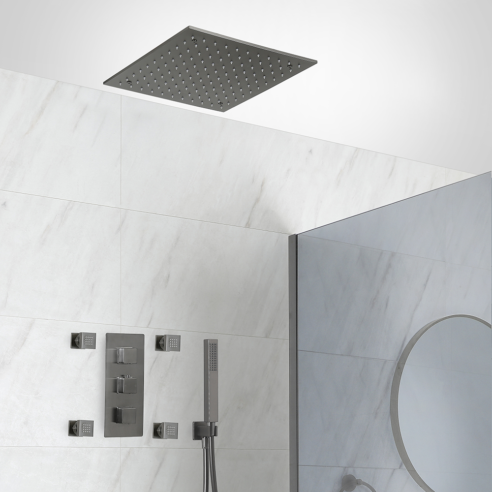 Duschsystem mit Unterputz-Thermostat - inkl. 400mm x 400mm Unterputz-Duschkopf, Handbrauseset und Körperdüsen - Metallgrau - Orno von HudsonReed