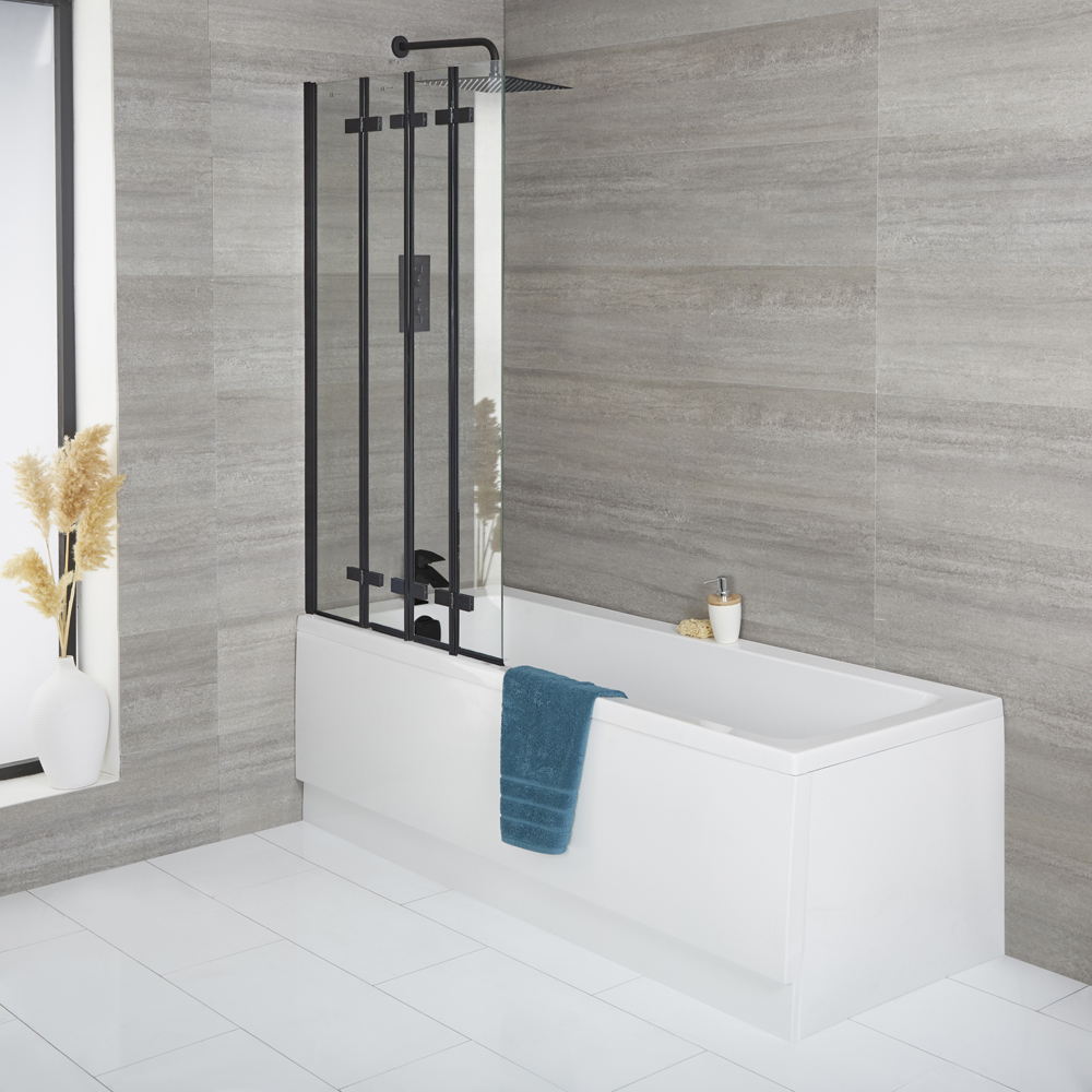 Standard-Badewanne - inkl. faltbarem Aufsatz (in Schwarz) - Größe wählbar, Schürze und Ablauf optional - Exton von HudsonReed