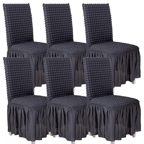 Esszimmerstuhlhussen, 6er Set, abnehmbare, waschbare Küchenstuhlhussen mit Hängerocke und Jacquardmuster(Dark Gray) von Hueborne