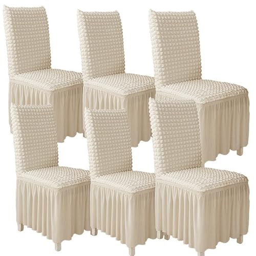 Esszimmerstuhlhussen, 6er Set, abnehmbare, waschbare Küchenstuhlhussen mit Hängerocke und Jacquardmuster(White) von Hueborne