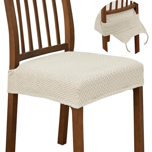 Hueborne 2 Stück Stretch-Sitzbezüge Aus Jacquard for Esszimmerstühle, Beigefarbene Schonbezüge Mit Verankerungsgurten, Abnehmbare, Waschbare Schoner, Keine Hintere Abdeckung(Beige,4 PCS) von Hueborne