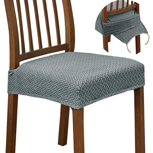 Hueborne 2 Stück Stretch-Sitzbezüge Aus Jacquard for Esszimmerstühle, Beigefarbene Schonbezüge Mit Verankerungsgurten, Abnehmbare, Waschbare Schoner, Keine Hintere Abdeckung(Light Gray,2 PCS) von Hueborne