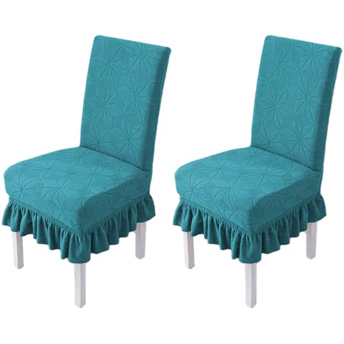 Hueborne 2 Stück Universelle Stretch-Esszimmerstuhlhussen Mit Rock, Hochelastischer Schonbezug for Küche/Wohnzimmer (Rückenhöhe 18-22 Zoll), Hochzeits-/Bankettdekor(A-Peacock Blue) von Hueborne