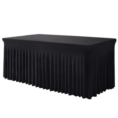Hueborne 6 Fuß elastischer Polyester-Tischrock – knitterfrei, eng anliegend, Elegantes Plissee-Design for Bankett, Konferenzen, Büro(Black,6ftskirtstyle) von Hueborne