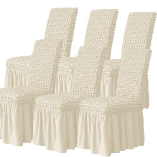Hueborne Elastische Restaurantstuhlbezüge, 4er-Set – elastische Schutzbezüge mit Volant(Beige,6) von Hueborne