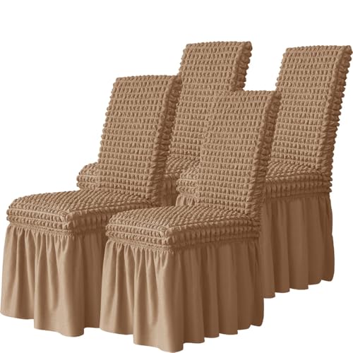Hueborne Elastische Restaurantstuhlbezüge, 4er-Set – elastische Schutzbezüge mit Volant(Light Curry,4) von Hueborne