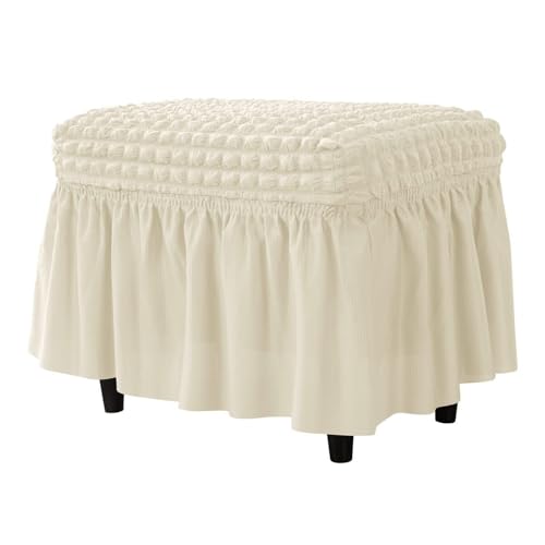 Hueborne Gitter-Stretch-Ottoman-Bezug Mit Rock, Polyester-Spandex-Blasenmuster, Rechteckiger Fußhocker-Schutz for Wohnzimmer Und Schlafzimmer, Leicht Zu Reinigen(Beige) von Hueborne
