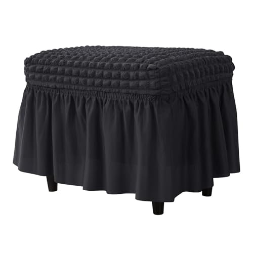 Hueborne Gitter-Stretch-Ottoman-Bezug Mit Rock, Polyester-Spandex-Blasenmuster, Rechteckiger Fußhocker-Schutz for Wohnzimmer Und Schlafzimmer, Leicht Zu Reinigen(Black) von Hueborne
