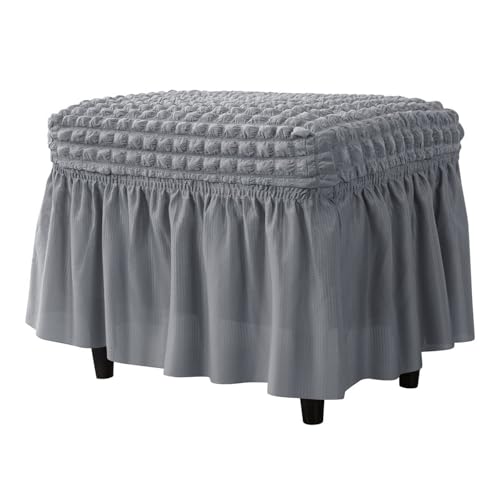 Hueborne Gitter-Stretch-Ottoman-Bezug Mit Rock, Polyester-Spandex-Blasenmuster, Rechteckiger Fußhocker-Schutz for Wohnzimmer Und Schlafzimmer, Leicht Zu Reinigen(Dark Gray) von Hueborne