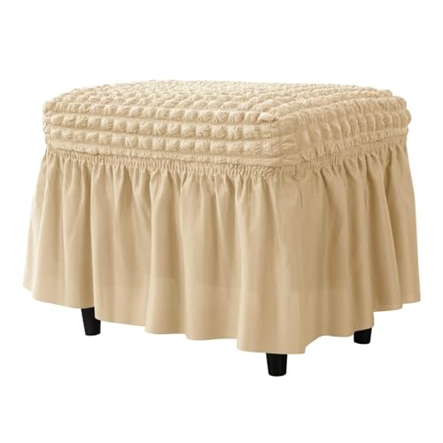 Hueborne Gitter-Stretch-Ottoman-Bezug Mit Rock, Polyester-Spandex-Blasenmuster, Rechteckiger Fußhocker-Schutz for Wohnzimmer Und Schlafzimmer, Leicht Zu Reinigen(Light Coffee) von Hueborne