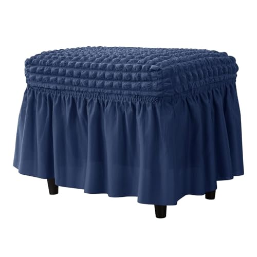 Hueborne Gitter-Stretch-Ottoman-Bezug Mit Rock, Polyester-Spandex-Blasenmuster, Rechteckiger Fußhocker-Schutz for Wohnzimmer Und Schlafzimmer, Leicht Zu Reinigen(Navy) von Hueborne