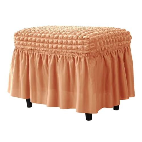 Hueborne Gitter-Stretch-Ottoman-Bezug Mit Rock, Polyester-Spandex-Blasenmuster, Rechteckiger Fußhocker-Schutz for Wohnzimmer Und Schlafzimmer, Leicht Zu Reinigen(Orange) von Hueborne