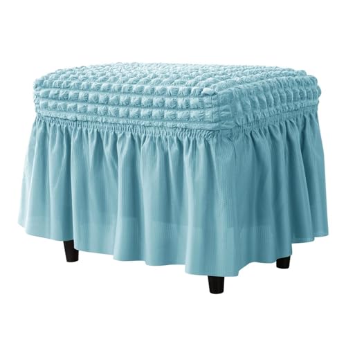Hueborne Gitter-Stretch-Ottoman-Bezug Mit Rock, Polyester-Spandex-Blasenmuster, Rechteckiger Fußhocker-Schutz for Wohnzimmer Und Schlafzimmer, Leicht Zu Reinigen(Sky Blue) von Hueborne