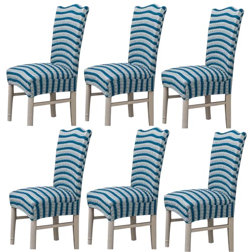 Hueborne Stretch-Esszimmerstuhlbezug, Anti-Falten-Bankettstuhlbezug, Waschbarer Möbelschutz for Stühle Ohne Armlehnen(Stripe Blue,Set of 6) von Hueborne