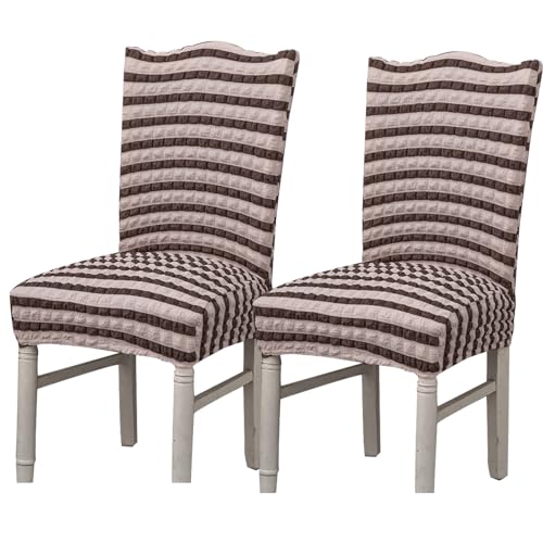 Hueborne Stretch-Esszimmerstuhlbezug, Anti-Falten-Bankettstuhlbezug, Waschbarer Möbelschutz for Stühle Ohne Armlehnen(Stripe Brown,Set of 2) von Hueborne