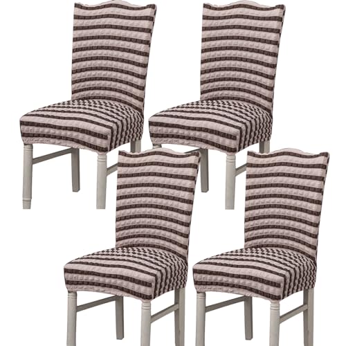 Hueborne Stretch-Esszimmerstuhlbezug, Anti-Falten-Bankettstuhlbezug, Waschbarer Möbelschutz for Stühle Ohne Armlehnen(Stripe Brown,Set of 4) von Hueborne