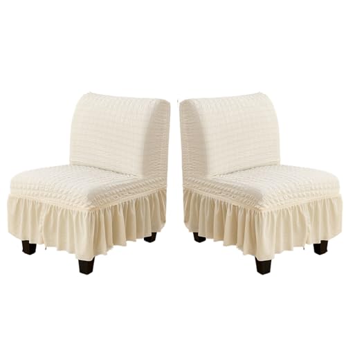 Hueborne Stretch-Stuhlhussen Ohne Armlehnen, 2er-Pack, Schonbezug for Slipper-Stuhl Mit Rock, Möbelschutzbezug for Das Wohnzimmer (weiß)(White,2pack) von Hueborne