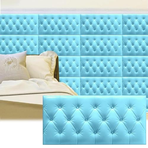 Selbstklebende Wandpaneele – 3D-gepolstertes Kopfteil – 10er-Pack abziehbare und aufklebbare Schaumstoff-Wandkissen – Schlafzimmer-, Kinderzimmer-Dekor(Blue,11.8x23.6in 8pcs) von Hueborne