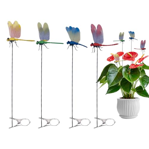 Huehkir Gartenstäbe mit Libellen-| 4 Stück 3D Ative Gartenstäbe,Deko für Bauernhof Indoor Freunde Blumen Garten Terrassenbereich Zufahrt Außenbereich von Huehkir