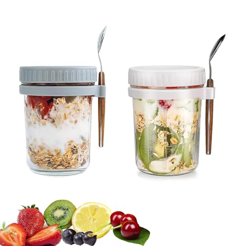 2 Stück Glas Müslibecher to go mit Deckel und Löffel, 350ml Overnight Oats Gläser Mason Jars mit Messmarken, 100% BPA FREI Luftdicht Einmachgläser für Joghurt, Salate, Porridge (Weiß, Grau) von Huemtnor