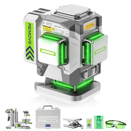Huepar Pro Kreuzlinienlaser 360 Grad Selbstnivellierend Laser Wasserwaage, Hochpräziser Grüner 3D-Laser Fliesenboden Baulaser Mit 8000mAh Li-Ionen-Akku Multifunktions Mikroverstellbügel ZK03DG von Huepar Pro
