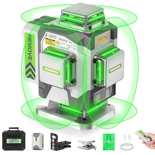 Huepar Pro Laser Level Selbstnivellierendes 4 x 360° Lasermessgerät mit hoher Genauigkeit, 4D Grüner Laser für Bauarbeiten, 8000mAh wiederaufladbarer Li-Ionen-Akku, Fernbedienung und Hartschalenkoffer von Huepar Pro