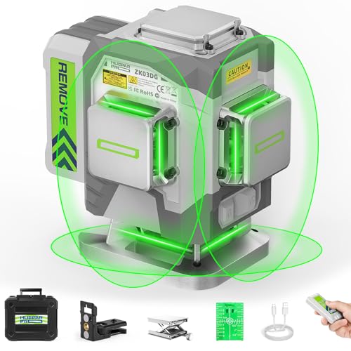 Huepar Pro kreuzlinienlaser 3D Selbstnivellierendes, 12 Zeilen hochpräzises professionelles grünes Laser Wasserwaage mit wiederaufladbarem 8000mAh Li-Ionen-Akku und Hartschalenkoffer ZK03DG-S von Huepar Pro