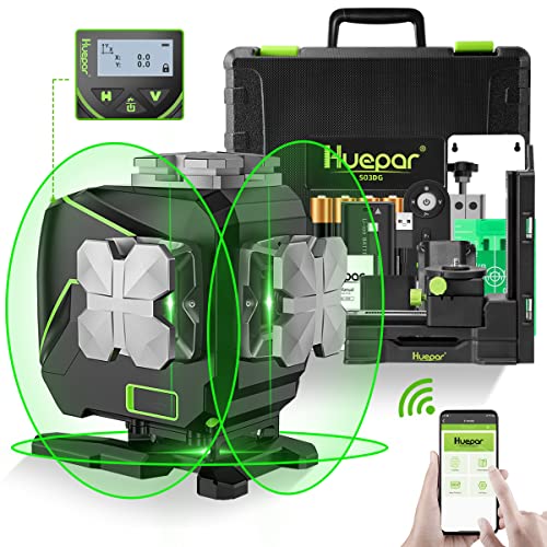 Huepar 3x360°selbstnivellierendes Laserniveau mit LCD-Bildschirm, 3D Bluetooth-Verbindung Grüner Strahl Fadenkreuz Fliesenboden Laserwerkzeug -360°Horizontal/Vertikal Laser S03DG-C von Huepar