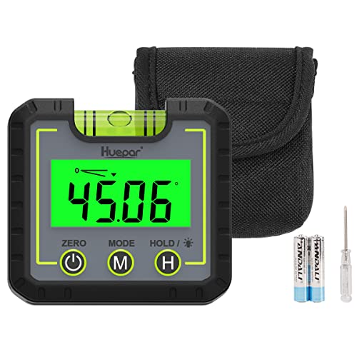 Huepar Digital Niveau Winkelmessgerät Mini Winkelsucher Level Box mit V-Nut Magnetfuß & Hintergrundbeleuchtung LCD Fasenlehre Neigungsmesser für Schreinerei, Baugewerbe, Automobilbau, -0~360° AG01 von Huepar