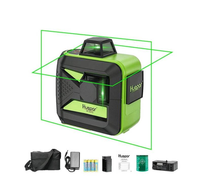 Huepar Kreuzlinienlaser Huepar 602CG grüner 2D Kreuzlinienlaser mit Akku und Wandhalterung von Huepar