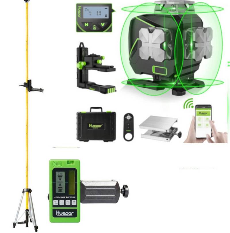 Huepar Kreuzlinienlaser Huepar S04CG LCD-Bildschirm 4D Laser mit Halterung und Hebebasis von Huepar