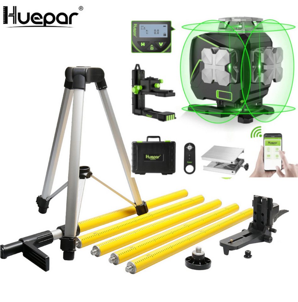 Huepar Kreuzlinienlaser Huepar S04CG LCD-Bildschirm 4D Laser mit Halterung und Hebebasis von Huepar