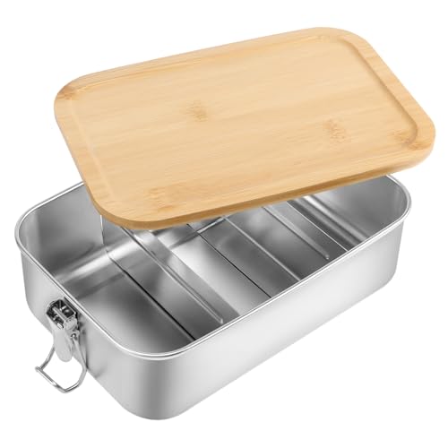 Huerous Edelstahl Brotdose mit Holzdeckel, Bambus Deckel Bento Box mit 2 Fächern, Metalldose mit Holzdeckel, Bento Lunchbox Schule & Ausflüge Lunchbox Schule Arbeit Picknick für Erwachsene(1400ml) von Huerous