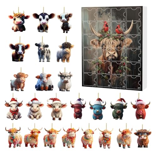 Highland Cow Advent Calendars 2025-24 Tage Highland Cow Ornamente Weihnachten Countdown -Kalender, Niedliche Hochland -Adventskalender Highlands Viehanhänger Für Fensterwandtür von Hugsweet