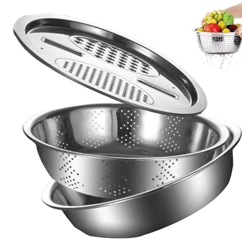 Multifunktionales Edelstahlbecken | 3-teiliges Seiher-Sieb-Set | Multifunktions-Küchenreibe | Edelstahl Schüsselset Zum Käsereiben, Gemüseschneider Und Obstwaschen | Küchenwerkzeuge von Hugsweet