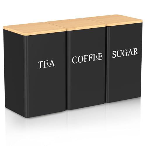 3 Stück Küchendosen Set, Kaffee,Tee,Zucker,Einfach zu Reinigen Aufbewahrungsdose mit luftdichtem Deckel aus Bambus,Metall Vorratsdosen Set, Langlebig Küchen Organizer (schwarz) von HuhWafee