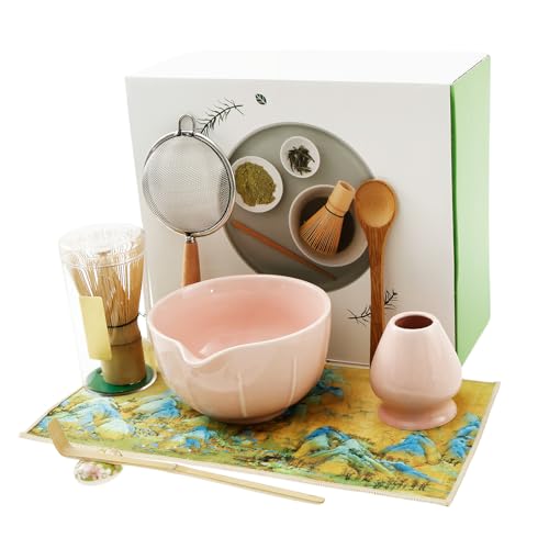 7 Stück Keramik Matcha Whisk Set Japanisches Matcha Tee Set mit Schale,Bambus Besen,Filtersieb,Teespatel,Löffelhalter,Teehandtuch Teebürstenständer für Japanische Handarbeit Einsteiger (Rosa) von HuhWafee