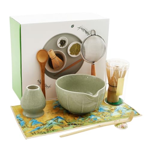 7 Stück Keramik Matcha Whisk Set Japanisches Matcha Tee Set mit Schale,Bambus Besen,Filtersieb,Teespatel,Löffelhalter,Teehandtuch Teebürstenständer für Japanische Handarbeit Einsteiger (Grün) von HuhWafee