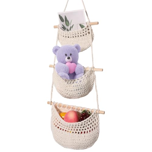 HuhWafee ﻿Hängende Obstkörbe, 3 Stöckiger Obst Hängekorb,Obstkorb Wand, Aufbewahrung, Handgewebte Hängende Aufbewahrungskörbe für Küche, Wohnzimmer, Badezimmer, Schlafzimmer (Flach) von HuhWafee