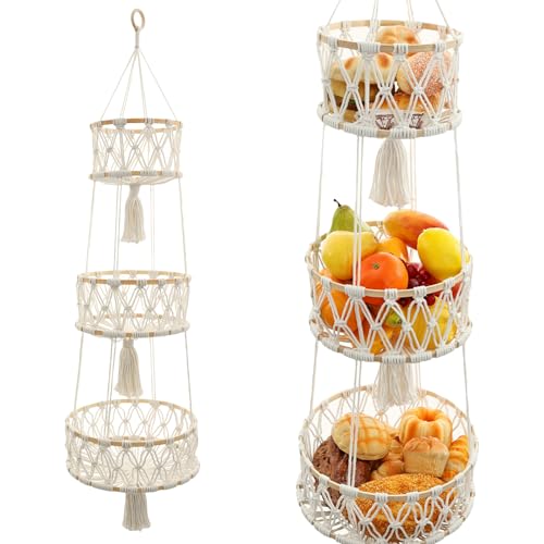 HuhWafee ﻿Hängende Obstkörbe, 3 Stöckiger Obst Hängekorb,Obstkorb Wand, Aufbewahrung, Handgewebte Hängende Aufbewahrungskörbe für Küche, Wohnzimmer, Badezimmer, Schlafzimmer (rund) von HuhWafee