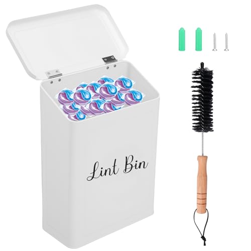 HuhWafee Magnetischer Fusselbehälter,Metall Mülleimer mit Deckel,Wandmontierte Fusselhalterbox mit Fusselbürste,moderne Bauernhaus-Waschküchen-Dekoration für Trockner und Waschmasch(weiß) von HuhWafee